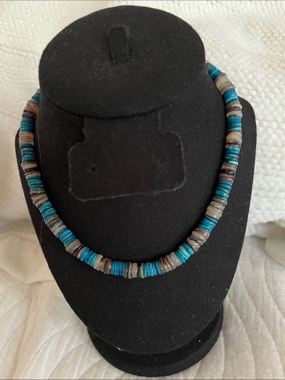 Turquoise and Gray Heishi Disc Necklace - sterling silver southwestern Boho